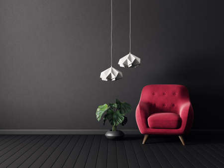 modern living room  with red armchair and lamp. scandinavian interior design furniture. 3d render illustrationの写真素材