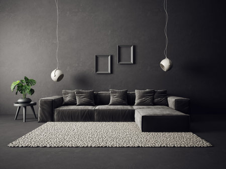 modern living room  with grey sofa and black wall. scandinavian interior design furniture. 3d render illustrationの写真素材