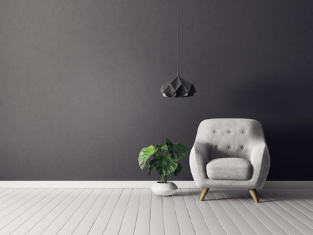 modern living room  with grey armchair and lamp. scandinavian interior design furniture. 3d render illustrationの写真素材