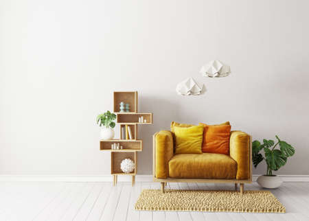 modern living room  with yellow armchair and lamp. scandinavian interior design furniture. 3d render illustrationの写真素材