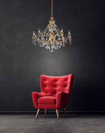 modern living room  with red armchair and golden chandelier. scandinavian interior design furniture. 3d render illustrationの写真素材