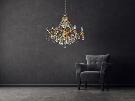 modern living room  with armchair and golden chandelier. scandinavian interior design furniture. 3d render illustrationの写真素材
