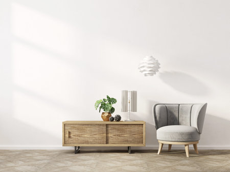 modern living room  with grey armchair and lamp. scandinavian interior design furniture. 3d render...