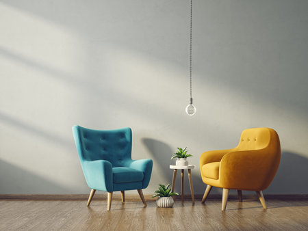 modern living room  with yellow and blue armchair. scandinavian interior design furniture. 3d render...