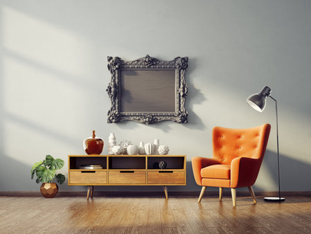 modern living room  with orange armchair and lamp. scandinavian interior design furniture. 3d render...