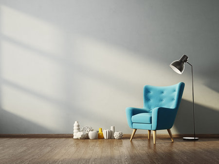modern living room  with blue armchair and lamp. scandinavian interior design furniture. 3d render...