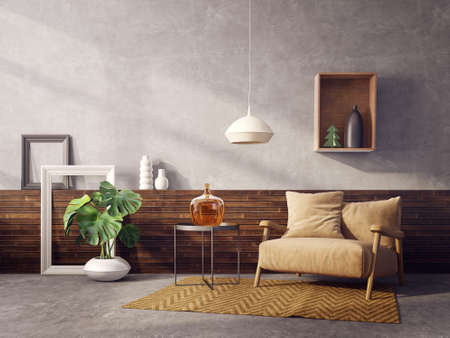 modern living room  with  armchair and lamp. scandinavian interior design furniture. 3d render illustrationの写真素材