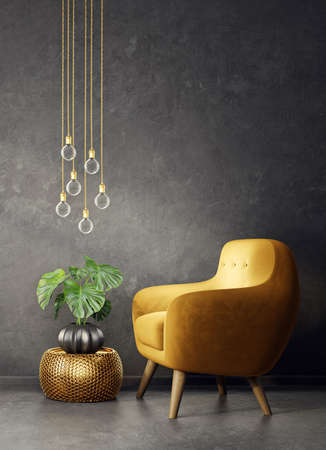 modern living room  with yellow armchair and lamp. scandinavian interior design furniture. 3d render illustrationの写真素材