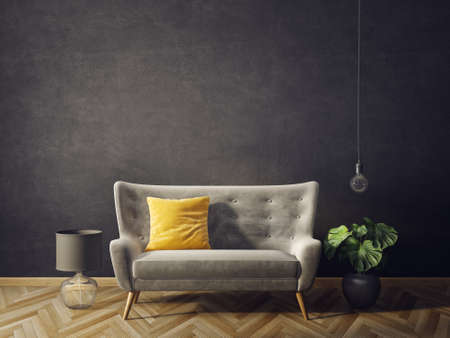 modern living room  with black wall and sofa. scandinavian interior design furniture. 3d render illustrationの写真素材