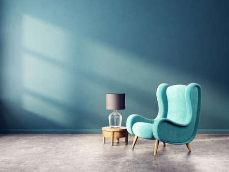 modern living room  with blue armchair and lamp. scandinavian interior design furniture. 3d render illustrationの写真素材