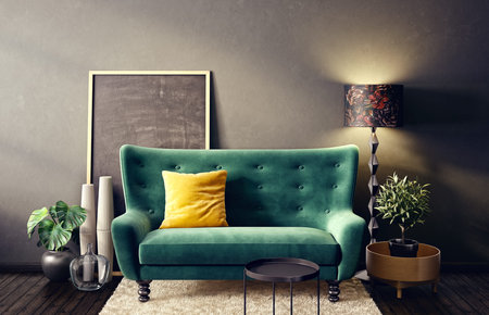modern living room  with green sofa and lamp. scandinavian interior design furniture. 3d render...