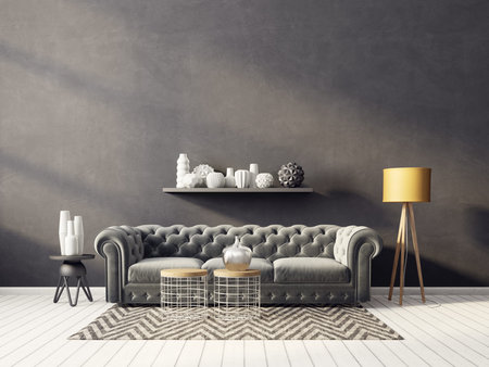 modern living room  with yellow lamp and grey sofa. scandinavian interior design furniture. 3d...