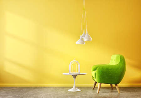 modern living room  with yellow wall and green armchair. scandinavian interior design furniture. 3d render illustrationの写真素材