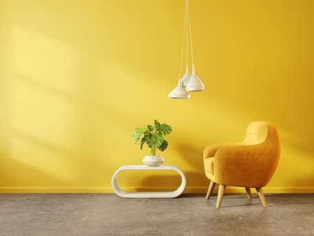 modern living room  with yellow armchair and lamp. scandinavian interior design furniture. 3d render illustrationの写真素材
