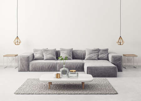 modern living room  with grey sofa and lamp. scandinavian interior design furniture. 3d render illustrationの写真素材