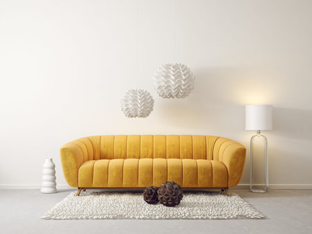 modern living room  with yellow sofa and lamp. scandinavian interior design furniture. 3d render...