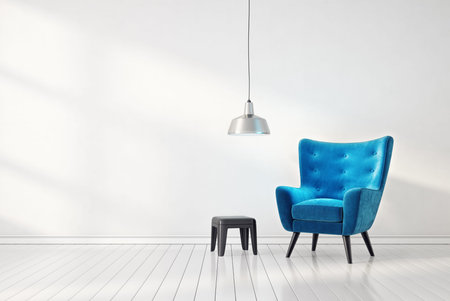 modern living room  with blue armchair and lamp. scandinavian interior design furniture. 3d render illustrationの写真素材