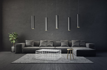 Modern design interior. Scandinavian furniture. 3d illustration. Black sofaの写真素材