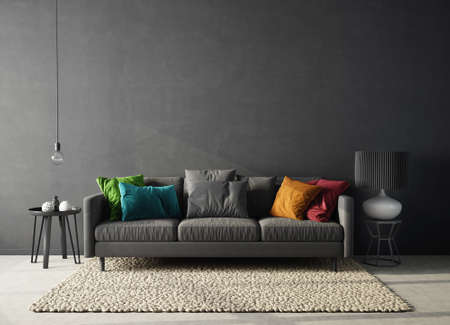 Modern design interior. Scandinavian furniture. 3d illustration, black sofaの写真素材