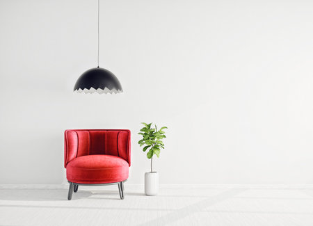 Modern design interior. Scandinavian furniture. 3d illustration, red armchairの写真素材