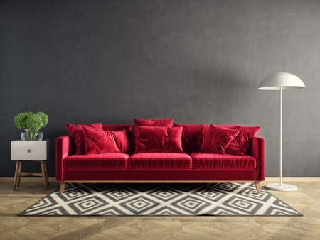 Modern design interior. Scandinavian furniture. 3d illustration, red sofaの写真素材