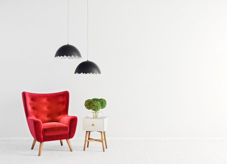 Modern design interior. Scandinavian furniture. 3d illustration, red armchairの写真素材
