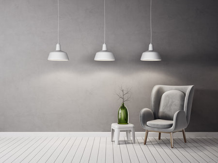 modern living room  with grey armchair and lamp. scandinavian interior design furniture. 3d render...