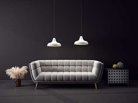 Modern design interior with grey sofa. Scandinavian furniture. 3d illustrationの写真素材