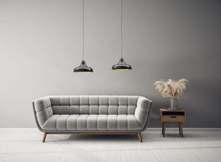 Modern design interior with grey sofa. Scandinavian furniture. 3d illustrationの写真素材