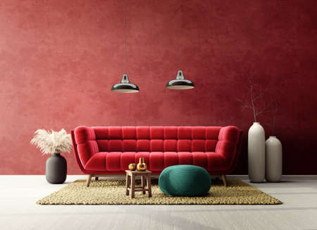 Modern design interior with red sofa. Scandinavian furniture. 3d illustrationの写真素材