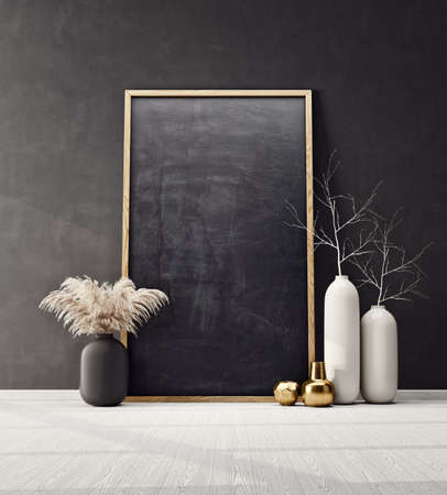 mock up poster frame in modern interior  room. Scandinavian  3d illustrationの写真素材
