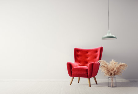 Modern design interior with red armchair. Scandinavian furniture. 3d illustrationの写真素材
