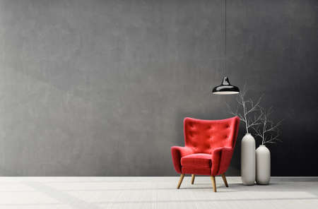 Modern design interior with red armchair. Scandinavian furniture. 3d illustrationの写真素材