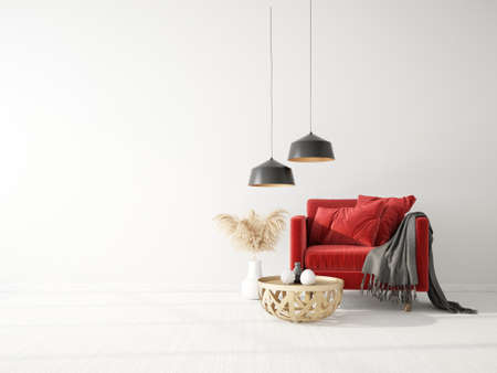 Modern design interior with red armchair. Scandinavian furniture. 3d illustrationの写真素材