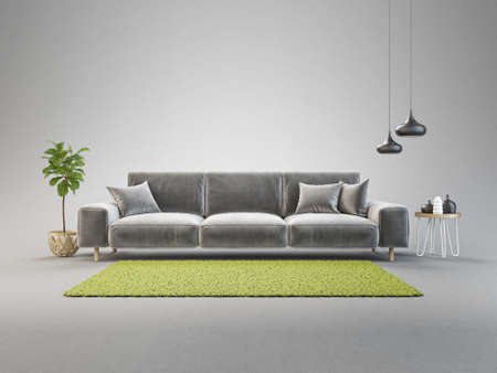Modern design interior with sofa and green carpet. Scandinavian furniture. 3d illustrationの写真素材