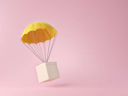 yellow parachute delivering a package. 3d illustrationの写真素材