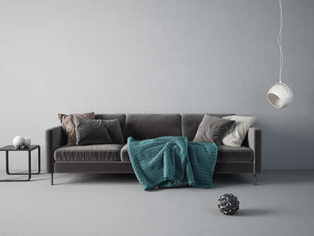 Modern design interior mockup with sofa. Scandinavian furniture. 3d illustrationの写真素材
