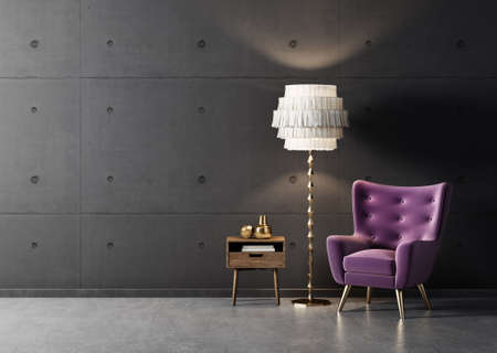 Modern design interior with violet armchair. Scandinavian furniture. 3d illustrationの写真素材