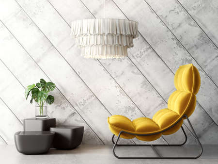 Modern design interior with yellow armchair. Scandinavian furniture. 3d illustrationの写真素材