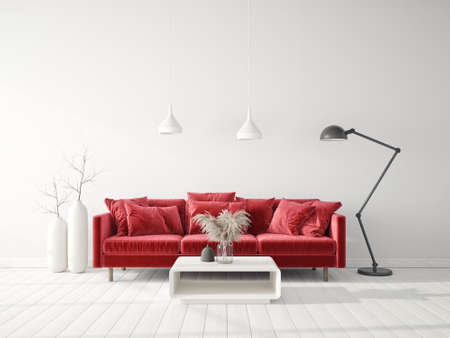 Modern design interior with red sofa. Scandinavian furniture. 3d illustrationの写真素材