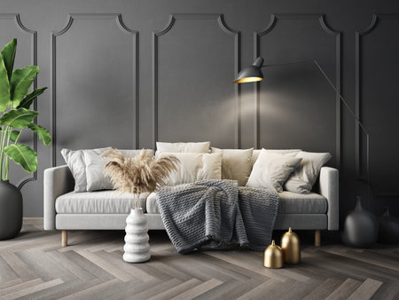 Modern design interior mockup  with sofa. Scandinavian furniture. 3d illustration