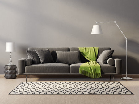 modern living room with black sofa. 3d illustration. Scandinavian interiorの写真素材