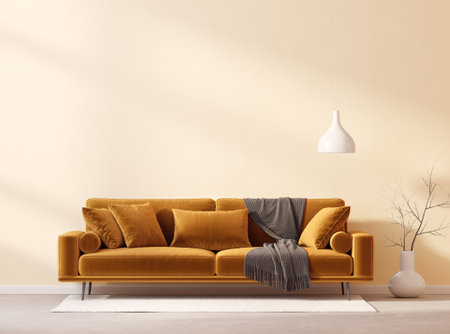 Interior of modern living room with orange sofa, 3d renderの写真素材