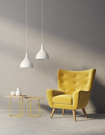 Yellow armchair in modern interior with coffee table and lamp. 3d renderの写真素材