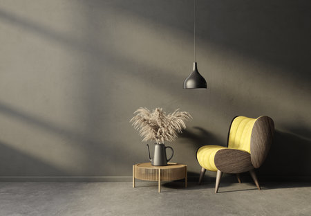Interior of modern living room with gray walls, concrete floor, yellow armchair and round coffee table. 3d renderingの写真素材