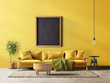 modern living room with yellow sofa. 3d illustrationの写真素材