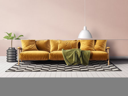modern living room with yellow sofa. 3d illustrationの写真素材