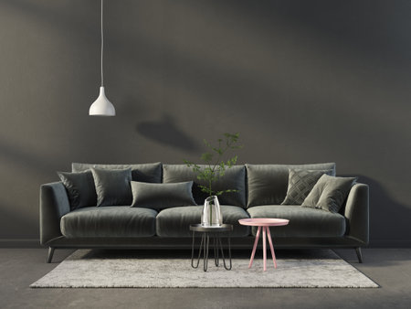 modern living room with black sofa. 3d illustrationの写真素材