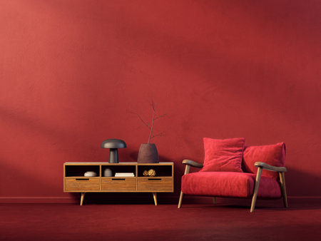 modern living room with red armchair. 3d illustrationの写真素材