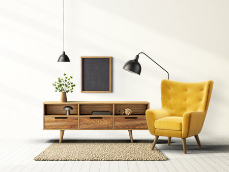 white living room with yellow armchair and wooden commode. 3d illustrationの写真素材